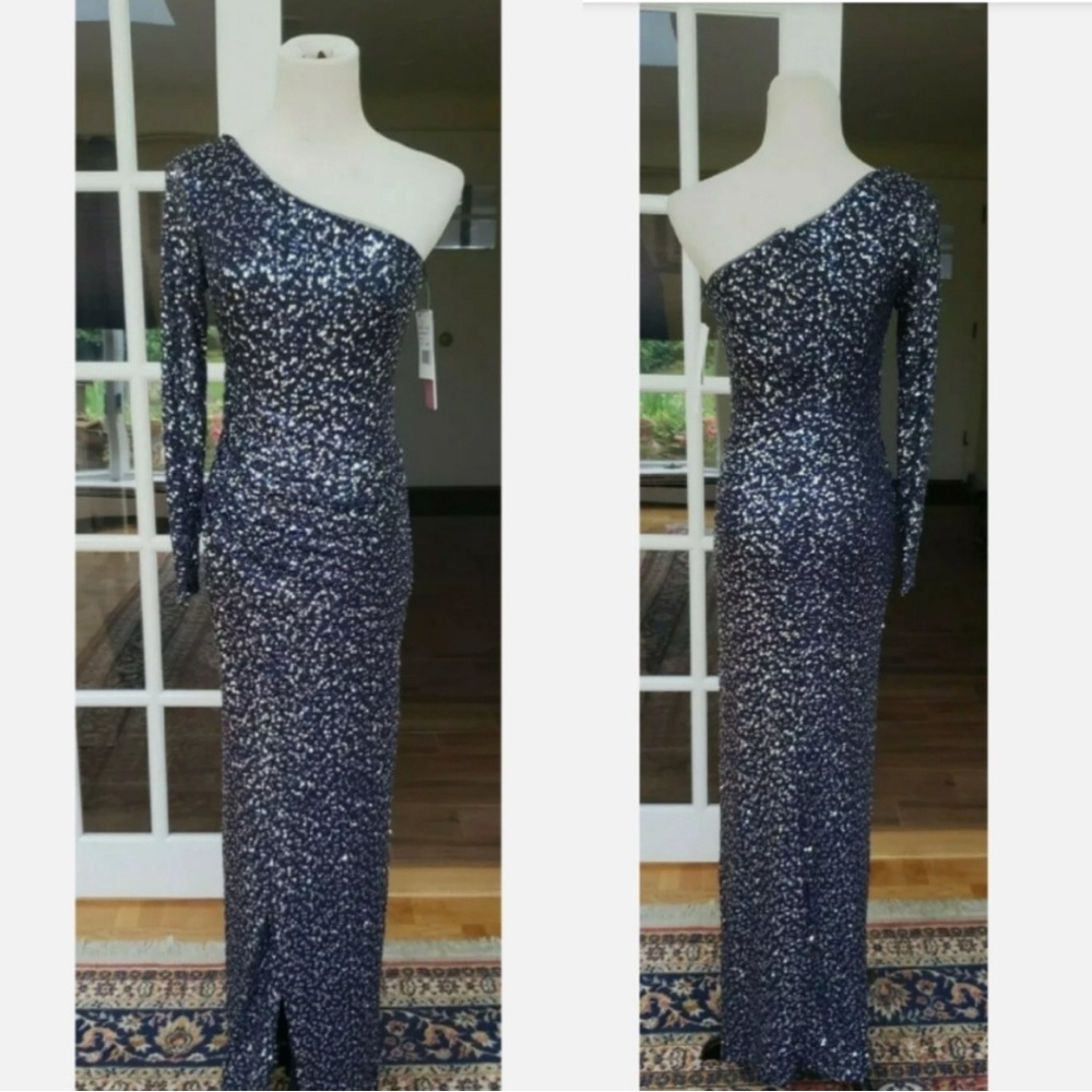 Aqua sequined one shoulder evening formal maxi dress